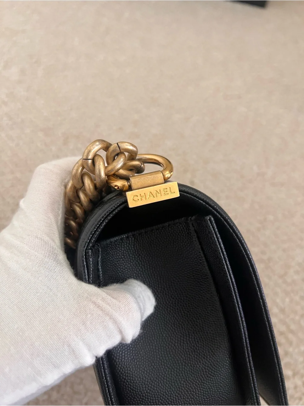 Chanel Caviar Black Medium Boy Bag with Antique Gold Hardware